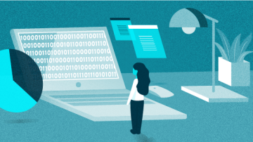 Person standing in front of a giant computer screen with numbers, data Person standing in front of a giant computer screen with numbers, data